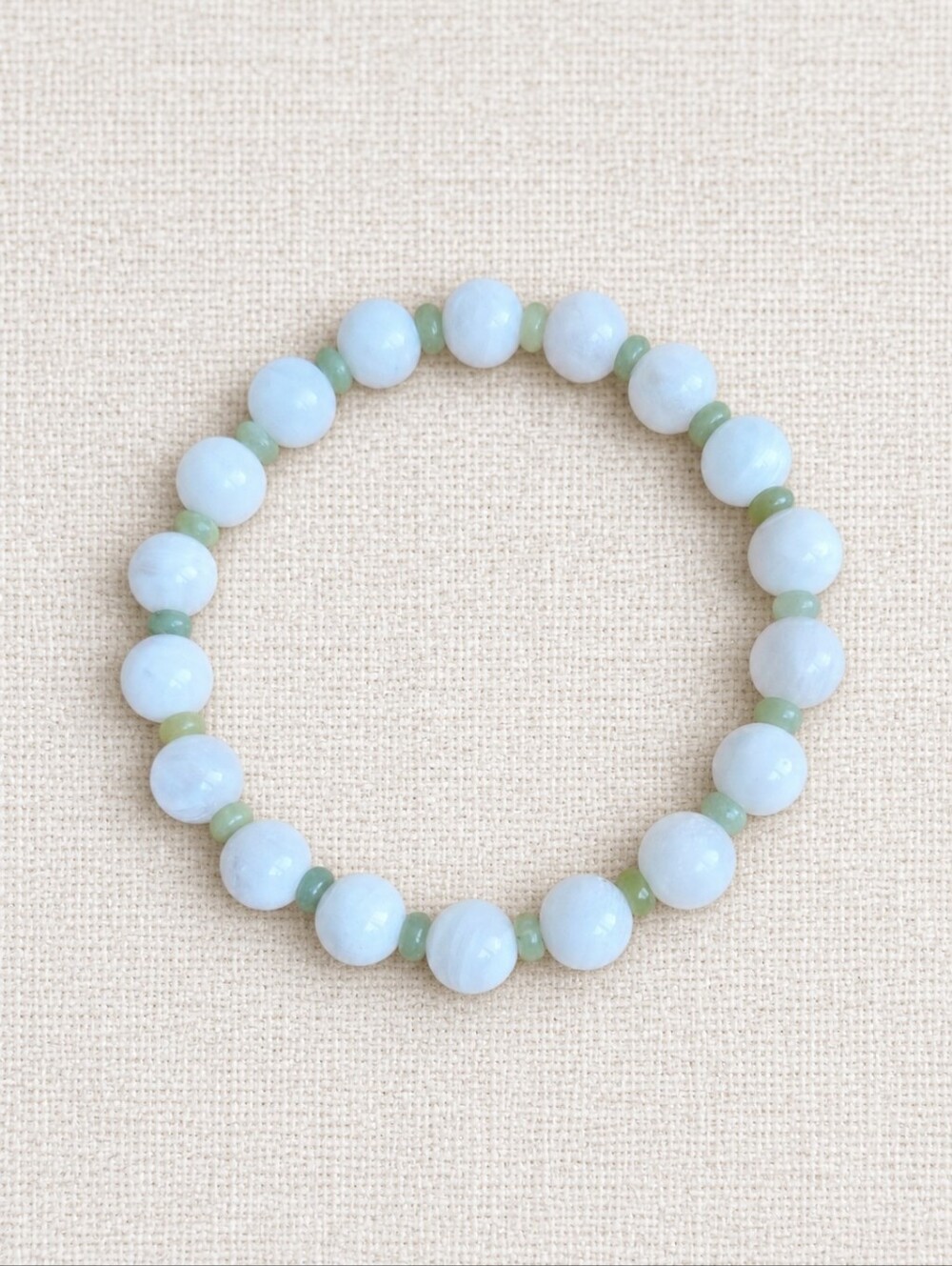 White Moonstone & Green Jade Gemstone Bead Stretch Bracelet | Handmade | 8mm